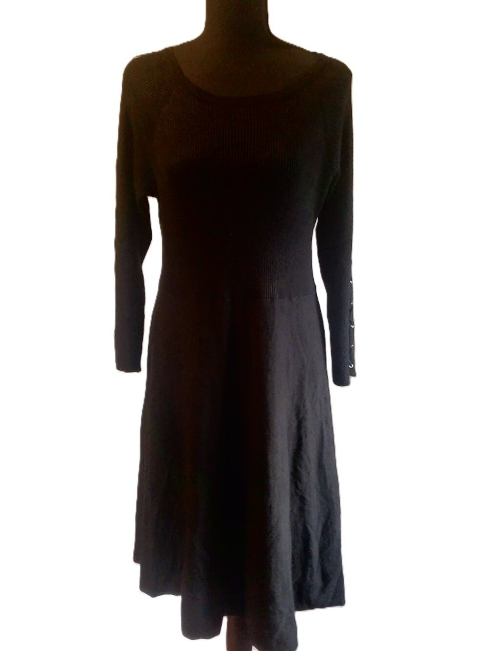Chic Black Knit Fit & Flare Midi Dress w/ Lace-Up Grommet Sleeves